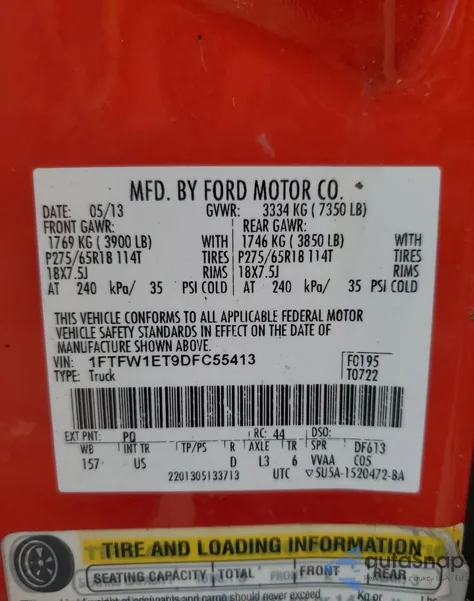 2013 Ford F150 Supercrew z USA, uszkodzony, nr VIN 1FTFW1ET9DFC55413